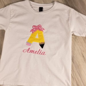 Personalized Back to School Shirt, Embroidered Pencil Letter Applique, First Day of School Outfit for Boys and Girls, Custom Made