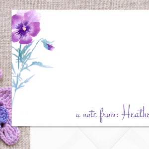 Personalized Floral Flat Note Cards with original watercolor print of a Deep Purple Pansy bloom. Set of twelve cards w/envelopes.