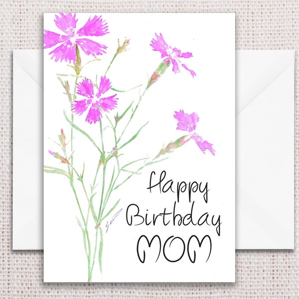 Happy Birthday MOM card with my simple loose watercolor print of delicate magenta flower blooms swaying in a spring breeze.