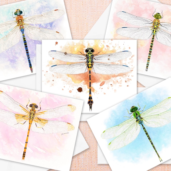 Note Cards 5.5"x4.25" Detailed watercolor illustrations of Symmetrical, Colorful and Delicate dragonflies. Five Blank cards.