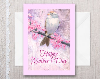 Mother's Day card 7'x5". Watercolor print featuring a proud little sparrow, perched on tree branch with small red blossoms.