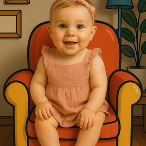 Custom Baby Poster – Cartoon Armchair Illustration with Real Baby – Personalized Digital Wall Art