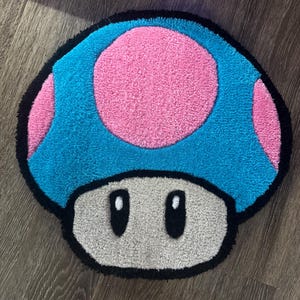 Blue Pink Cotton Candy Power-Up Mushroom Tufted Rug – Hand-Made Mario Decor