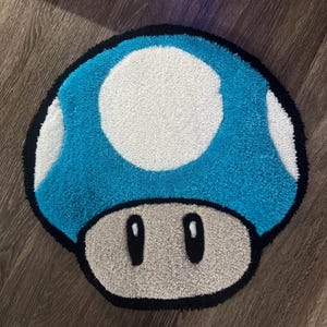 Blue Power-Up Mushroom Tufted Rug – Hand-Made Mario Decor