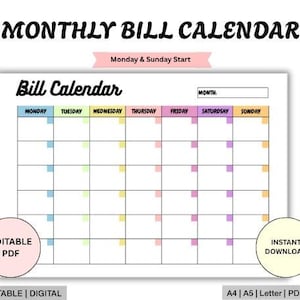Editable Bill Calendar | Printable Monthly Bill Planner | Monthly Bill Log | Bill Payment Checklist | Bill Payment Tracker | Digital PDF