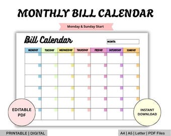 Könnte beinhalten: Ein druckbarer monatlicher Rechnungs-Kalender mit weißem Hintergrund. Das Kalenderraster ist in Wochentage unterteilt, jeder mit einer anderen Pastellfarbe. Der Text "MONTHLY BILL CALENDAR" steht oben. Enthält die Labels "Bearbeitbares PDF" und "Sofort-Download".