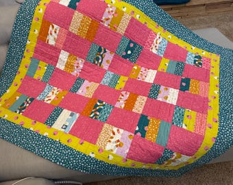 Strawberry Dreams Modern Patchwork Quilt, Ruby Star Society Lap Throw Shower Gift (40x50)