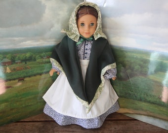 Amanda goes west Collection: 1830's style printed muslin dress, apron, shawl, sun bonnet  for 18in American girl dolls