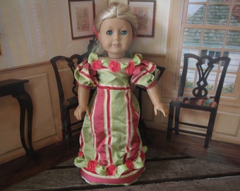 Caroline regency style pink, lime green, and cream ball gown for 18in american girl dolls