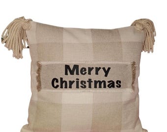 Neutral Farmhouse Throw Pillow Embroidered Accent Pillow with Tassels, Rustic Home Decor