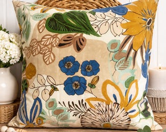 Blumenmuster Kissenbezug: Blau & Senf Botanischer Druck, Boho Bauernhaus Dekor