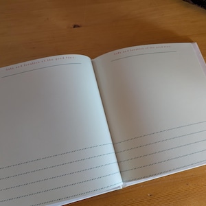 May include: An open journal with blank pages, featuring lines for writing and the text "date and location of the good time." The pages are a light cream color, with the text in a muted red hue. The journal is open on a wooden surface.