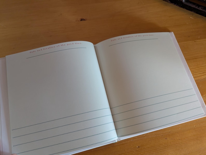 May include: An open journal with blank pages, featuring lines for writing and the text "date and location of the good time." The pages are a light cream color, with the text in a muted red hue. The journal is open on a wooden surface.