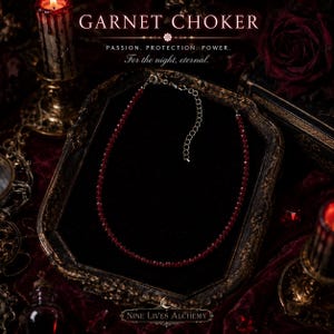 May include: A garnet choker necklace featuring small, faceted deep red beads strung on a cord with a silver-toned metal chain extender and clasp. The text GARNET CHOKER, PASSION. PROTECTION. POWER. For the night, eternal. and NINE LIVES ALCHEMY is visible.