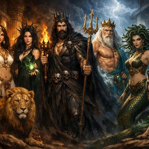 May include: A digital illustration featuring five mythological figures including a central king with a trident, a woman with snake hair, a woman holding green fire, a woman with a bow, and an elderly king, accompanied by a lion and a wolf.