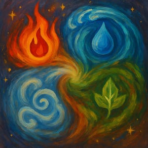May include: An abstract painting depicting the four elements: fire, water, air, and earth. Fire is represented by a flame, water by a teardrop, air by swirling lines, and earth by a leaf. The artwork uses a palette of warm and cool colors.