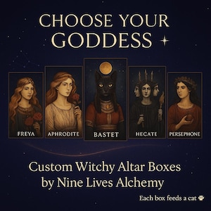 May include: An advertisement for custom witchy altar boxes. The image features illustrations of goddesses Freya, Aphrodite, Bastet, Hecate, and Persephone. Text reads "Choose Your Goddess" and "Custom Witchy Altar Boxes by Nine Lives Alchemy."