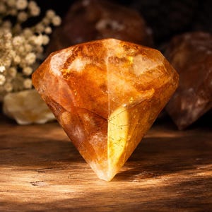 May include: A faceted, diamond-shaped gemstone with a warm, translucent amber and golden-orange hue. The crystal displays internal natural inclusions and varying color density throughout its geometric structure, catching light on its polished surfaces.