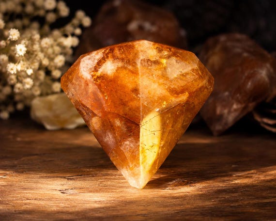 Red Fire Quartz Diamond Carving – Hematoid Crystal Statement Stone, Grounding Decor