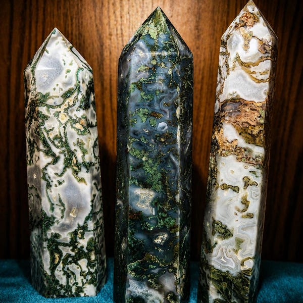XL Moss Agate Towers | 7–9 Inch Natural Crystal Points | Collector Display Pieces