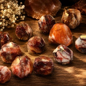 May include: A collection of small, tumbled stones featuring a mix of deep red, brown, and white marbled patterns. These polished, multi-faceted mineral specimens display natural variations in color and texture, scattered across a dark wooden surface.