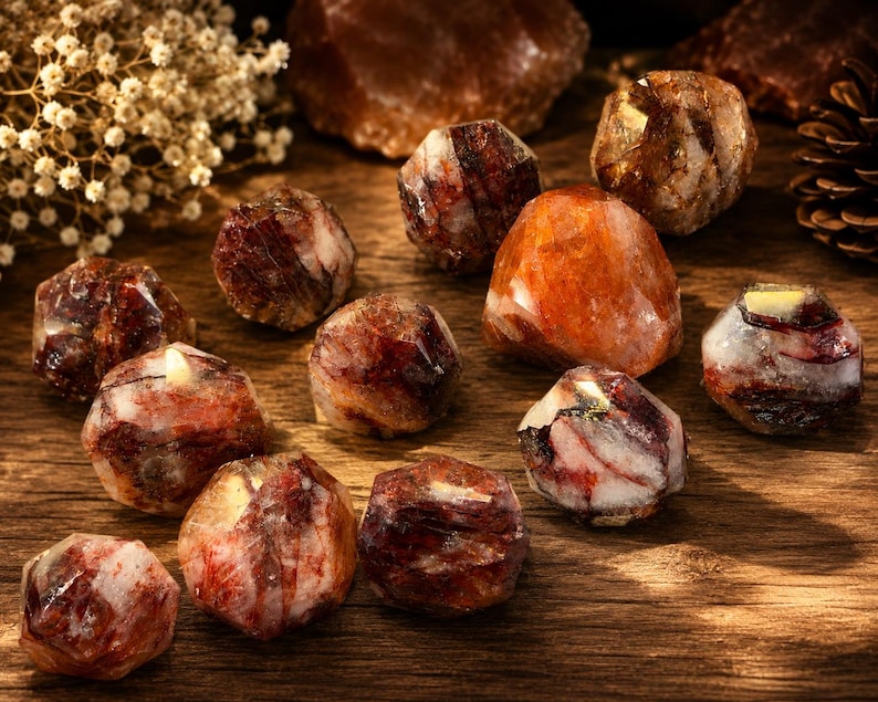 May include: A collection of small, tumbled stones featuring a mix of deep red, brown, and white marbled patterns. These polished, multi-faceted mineral specimens display natural variations in color and texture, scattered across a dark wooden surface.