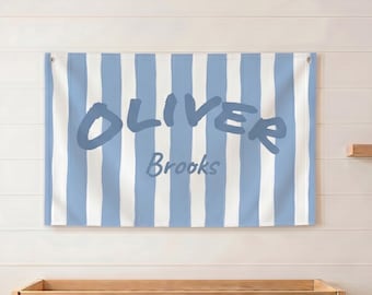 Striped Nursery Name Sign Canvas Banner with Hooks, Personalized Neutral New Baby Shower Gift