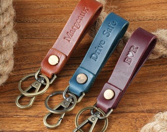 Personalized Leather Keychain with Brass Hardware, Custom Hand-Stamped Letter Key Chain