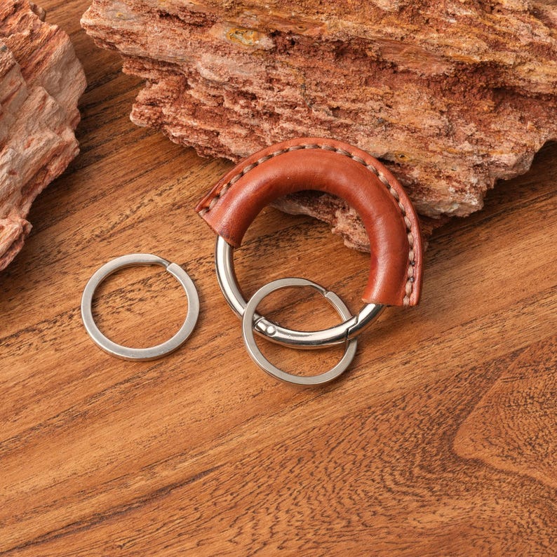 Genuine Leather Keychain with 2 Detachable Rings: Carabiner Clip Key Fob for Car Keys Brown & Silver