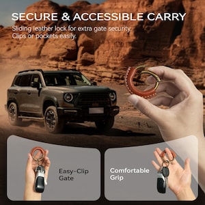May include: A brown leather key holder with a brass clasp is shown. The key holder is held in a hand, with a car in the background. The text "SECURE & ACCESSIBLE CARRY" is at the top of the image, with additional text below. The key holder is designed for easy clipping.
