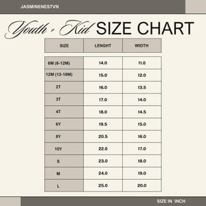 May include: A size chart for youth and kid clothing, with measurements in inches. The chart includes sizes from 6 months to large, with length and width measurements. The text "Youth - Kid SIZE CHART" is at the top.