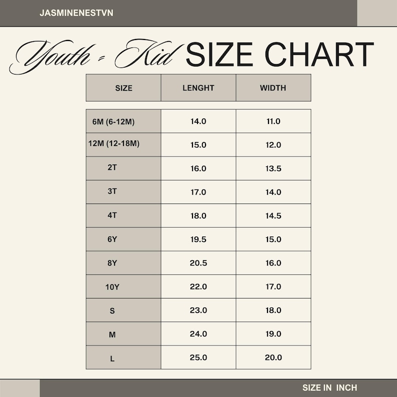 May include: A size chart for youth and kid clothing, with measurements in inches. The chart includes sizes from 6 months to large, with length and width measurements. The text "Youth - Kid SIZE CHART" is at the top.