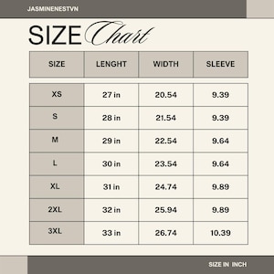 May include: A size chart with measurements in inches. The chart includes sizes XS to 3XL, with corresponding lengths, widths, and sleeve measurements. The text "SIZE Chart" is at the top, with the brand name "JASMINENESTVN" above it.