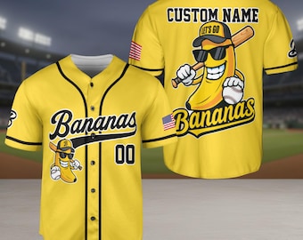 Camiseta de béisbol personalizada del equipo Bananas, divertida, con el nombre y número del equipo, regalo para un fan de Savannah.