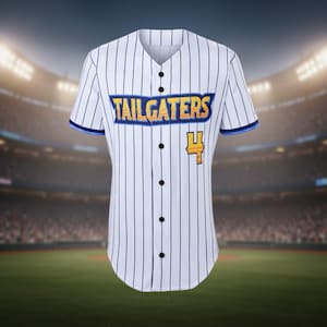 May include: White baseball jersey with blue pinstripes, featuring the word "TAILGATERS" in yellow and blue lettering across the chest. The number "4" is on the right side in yellow. The jersey has a V-neck and black buttons.