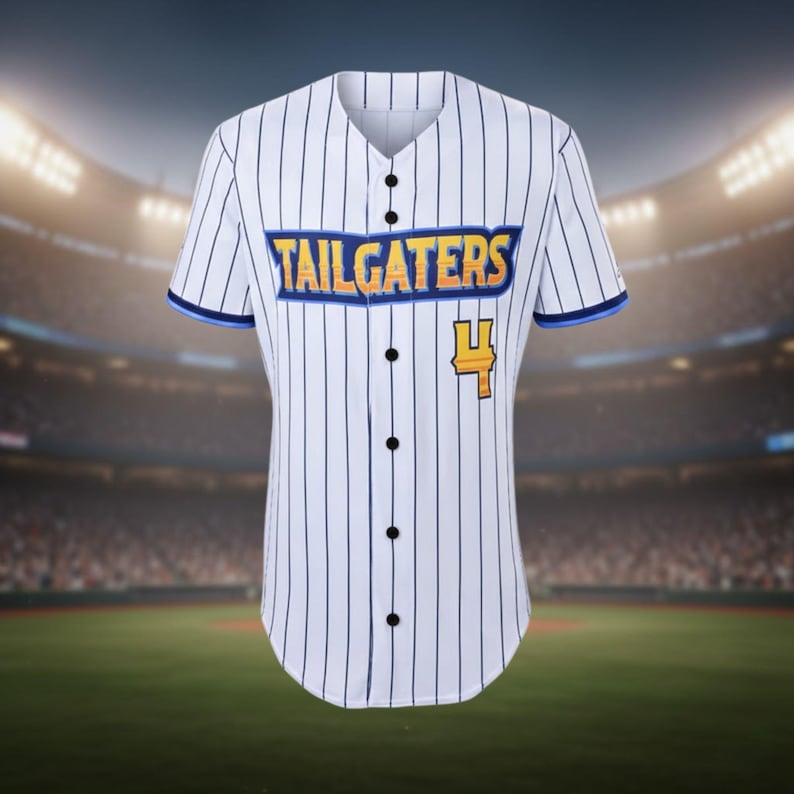 May include: White baseball jersey with blue pinstripes, featuring the word "TAILGATERS" in yellow and blue lettering across the chest. The number "4" is on the right side in yellow. The jersey has a V-neck and black buttons.