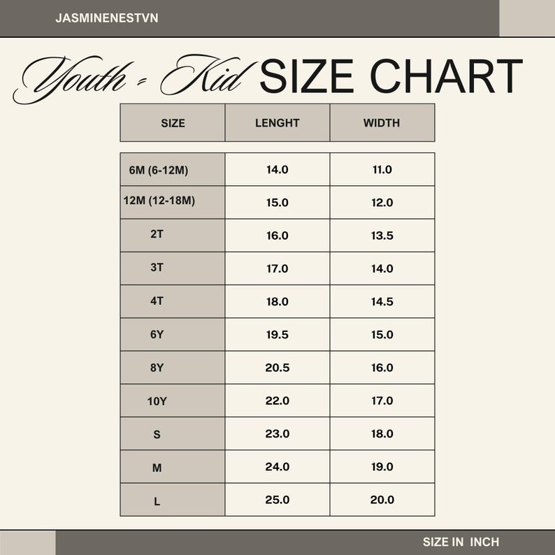 Peut inclure: Un tableau des tailles pour v&ecirc;tements enfants et jeunes, avec des mesures en pouces. Le tableau comprend des tailles de 6M &agrave; L, avec les mesures de longueur et de largeur correspondantes. Le texte "Youth - Kid SIZE CHART" est en haut.