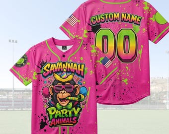 Custom Party Animals Baseball Jersey, Monkey Team Custom Name And Number Baseball Jersey, Team Party Uniform, Pink And Black Jersey