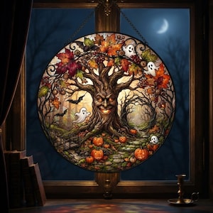 May include: A circular stained glass suncatcher featuring a central anthropomorphic tree with glowing eyes and mouth, surrounded by autumn leaves, small white ghosts, bats, and orange pumpkins on a stone path, all suspended by a metal chain.