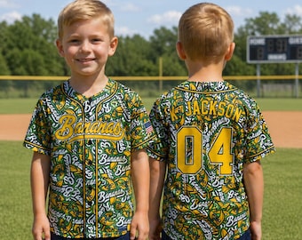 Camiseta de béisbol personalizada del equipo Bananas, divertida, con el nombre y número del equipo, regalo para un fan de Savannah.