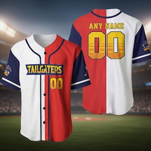 May include: A baseball jersey with a split design. The front is white and red with the word "TAILGATERS" and the number "00" in gold. The sleeves are navy blue. The back is red and white with the words "ANY NAME" and the number "00" in gold.