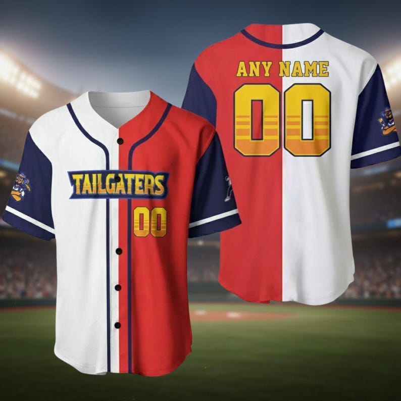 May include: A baseball jersey with a split design. The front is white and red with the word "TAILGATERS" and the number "00" in gold. The sleeves are navy blue. The back is red and white with the words "ANY NAME" and the number "00" in gold.