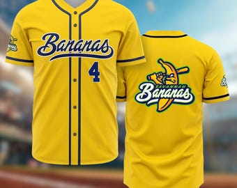 Camiseta de béisbol personalizada del equipo Bananas, divertida, con el nombre y número del equipo, regalo para un fan de Savannah.