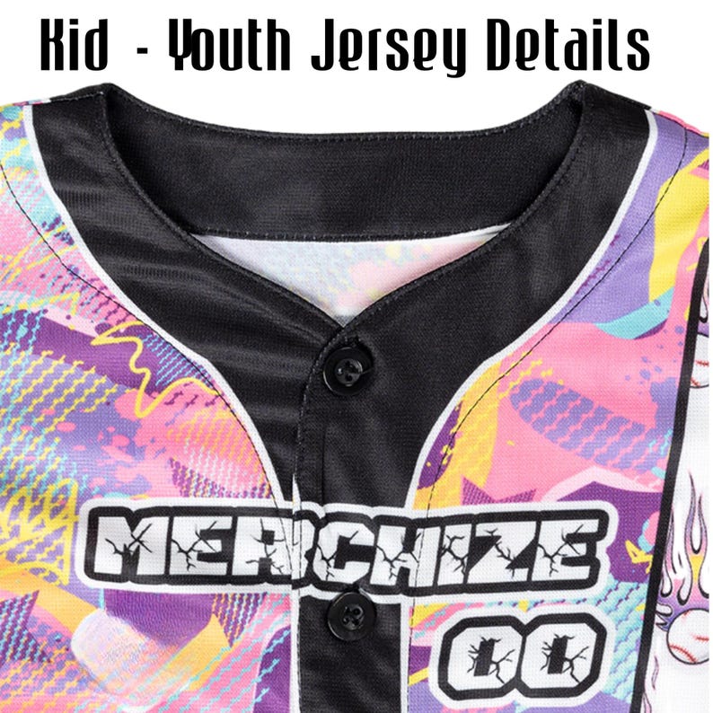 May include: A close-up of a youth baseball jersey with the text "Kid - Youth Jersey Details" at the top. The jersey features a black collar and buttons, with a colorful abstract design in pink, purple, and yellow. The word "MERCHIZE" is printed on the front.
