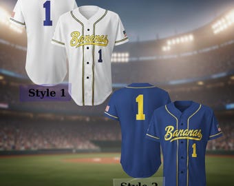 Camiseta de béisbol personalizada del equipo Bananas, divertida, con el nombre y número del equipo, regalo para un fan de Savannah.