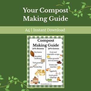 Könnte beinhalten: Ein Kompost-Ratgeber vor grünem Hintergrund mit dekorativen Ranken. Der Ratgeber listet 70 % Braunes und 30 % Grünes auf, mit Beispielen wie trockenem Laub und Obstresten. Der Text lautet "Your Compost Making Guide."