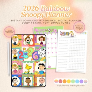 May include: A digital planner with Snoopy and friends, displaying the text "2026 Rainbow Snoopy Planner." The image shows a calendar, habit tracker, and a vibrant design. The text "Instant Download, Hyperlinked Digital Planner, Sunday Start, Very Simple to Use" is also visible.