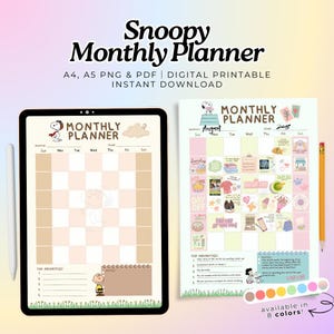 Puede incluir: Un planificador mensual digital de Snoopy, disponible en 8 colores, que se muestra en una tableta y una página impresa. El planificador presenta a Snoopy y Charlie Brown, con espacio para notas y prioridades. El texto dice "Monthly Planner".