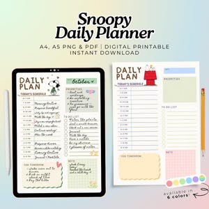 Op de afbeelding: Een digitale Snoopy Daily Planner met een zwarte tablet en een afgedrukte pagina. De planner bevat dagschema's, takenlijsten en notities. Het ontwerp toont Snoopy en Woodstock, met de tekst "Daily Plan" en "October 4". Verkrijgbaar in 6 kleuren.