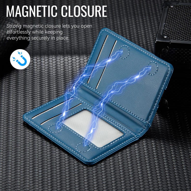 May include: Open blue wallet with white stitching and a magnetic closure. The wallet has card slots and a clear ID window. The text "MAGNETIC CLOSURE" is at the top, with a description of the magnetic closure below.